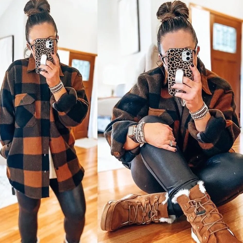 Plaids oversized shacket autumn winter sweater jacket button front